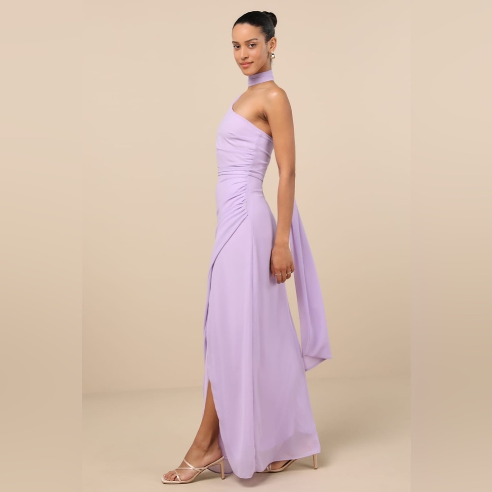 LULU’S Adeline Lavender One-Shoulder Scarf Maxi Dress - Picture 3 of 6